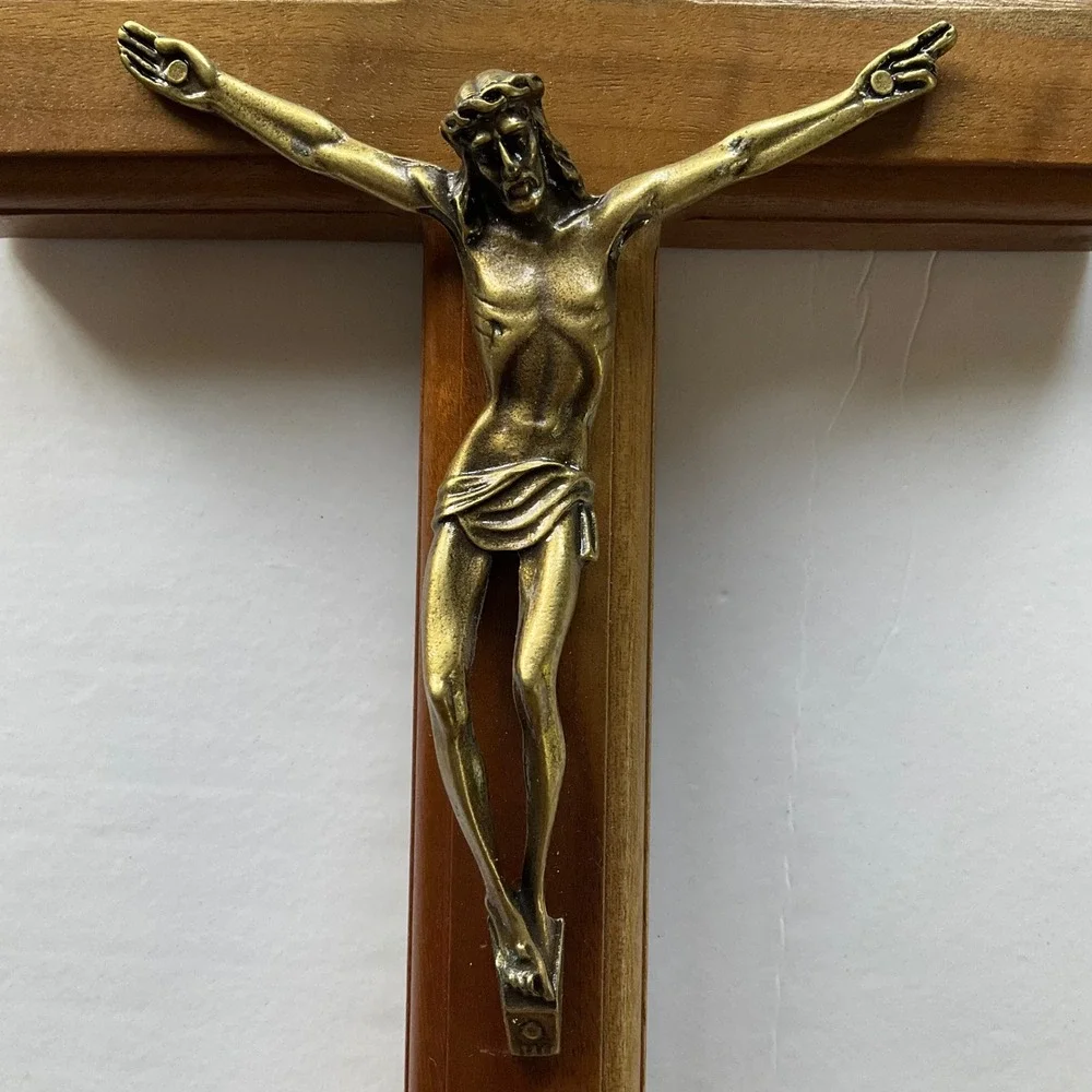 Vintage Wooden Standing Wall Crucifix Brass Corpus INRI Altar Desk Cross 11